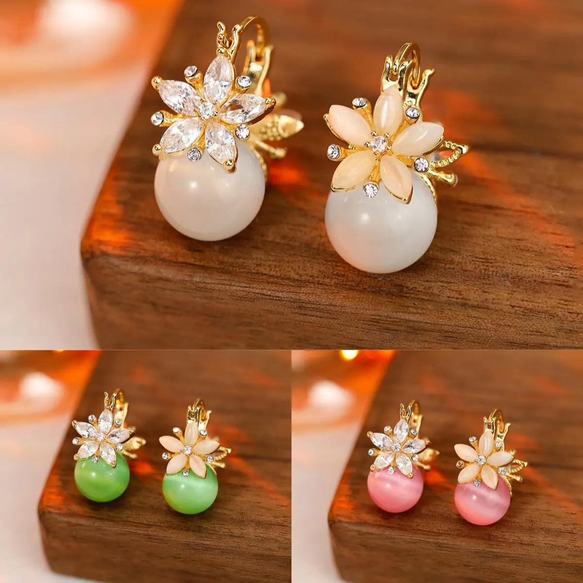 Niche design double-sided zircon flower cat's eye stone earrings