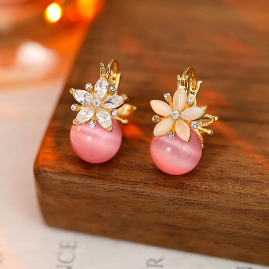 Niche design double-sided zircon flower cat's eye stone earrings